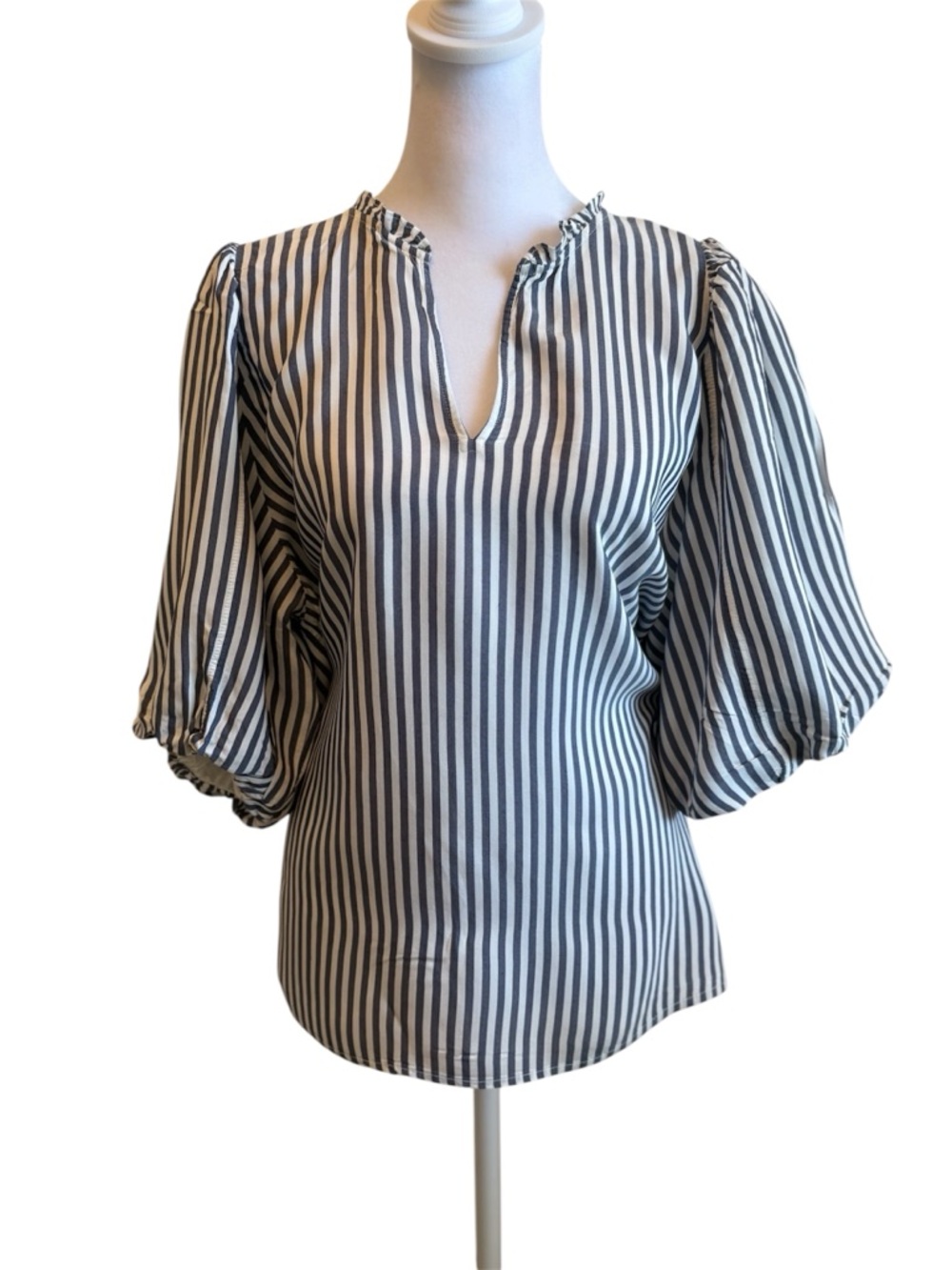 Ann Taylor Factory Blue White Striped Balloon Puff Sleeve Blouse XL Petite